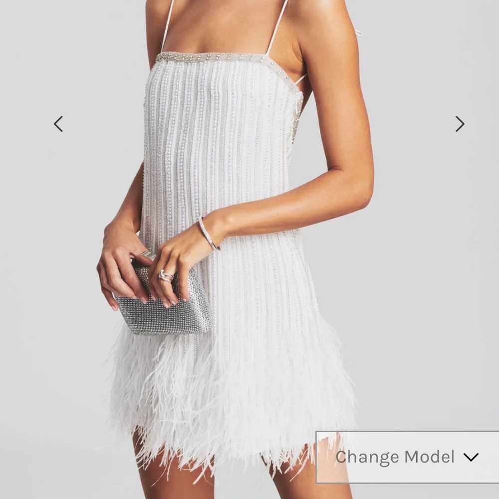 Retrofete Rubina Beaded Feather-Hem Mini
Dress
